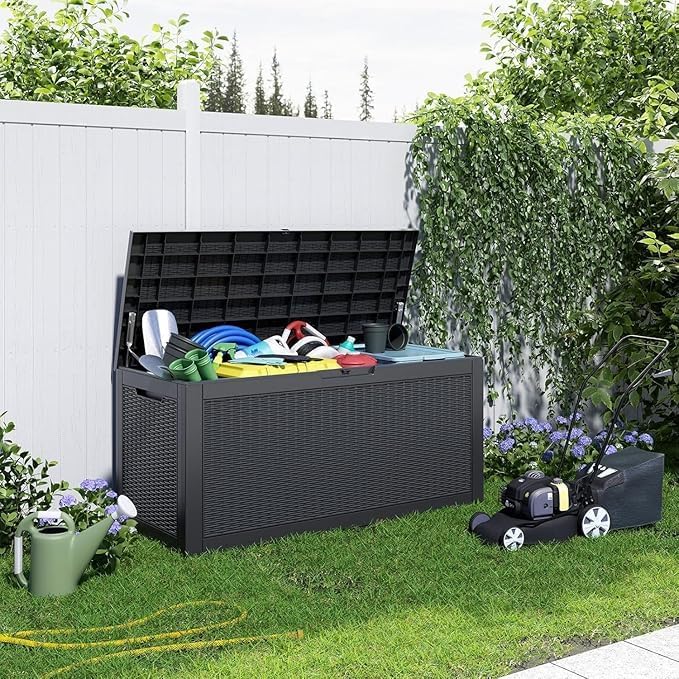 120 Gallon Outdoor Deck Box,Waterproof Resin Outdoor Storage Boxes, Outside Storage Lockable Container for Garden Tools,Indooor Cushions,Accessories (Black)
