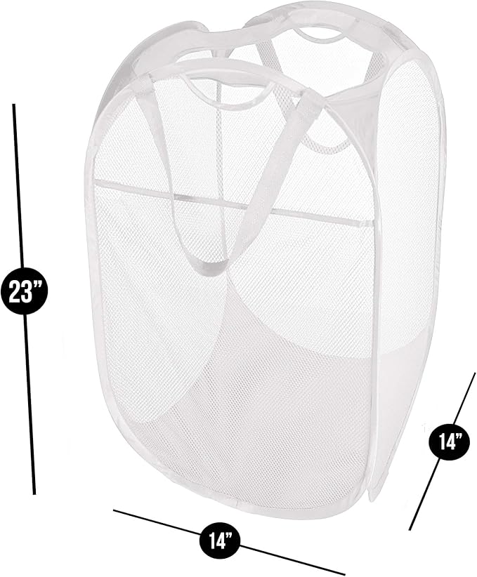 Smart Design Deluxe Mesh Pop Up Square Laundry Hamper w/ Side Pocket & Handles - VentilAir Fabric Collapsible Design - for Clothes & Laundry - Home - (Holds 2 Loads) (14 x 23 Inch) [White]