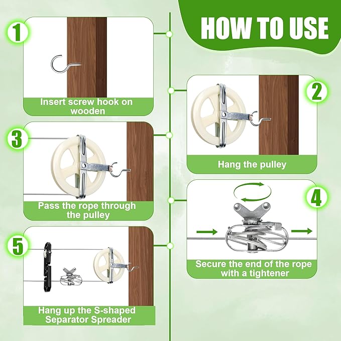 Outdoor Clothesline Kit, Clothesline Pulley Kit Include 150FT Clothes Line/ 2 Pulley/ 2 Separator Spreader/Tightener/ 4 Hooks for Outdoor Clothes