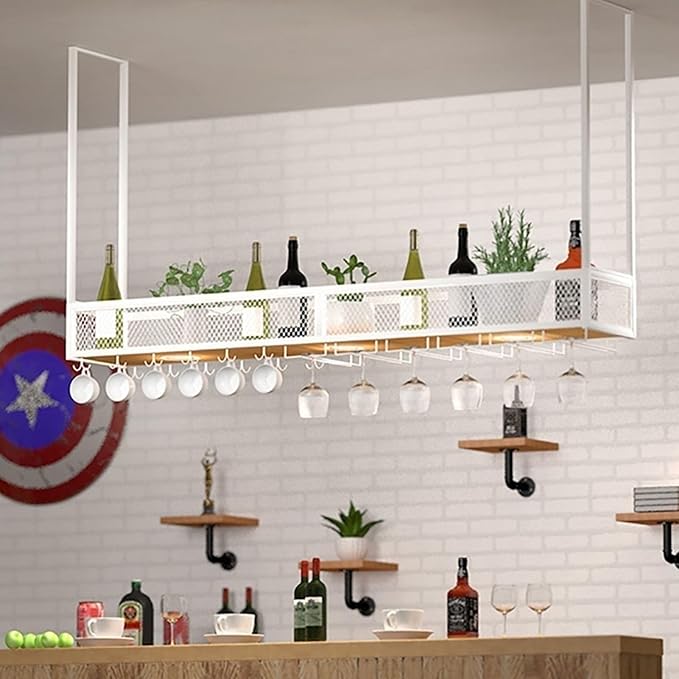 Ceiling Hanging Wine Glass Holder - Ceiling Shelf, Ceiling Wine Rack Display Stand, Hanging Solid Wood Plant Stand, Wall Mounted Iron Art Wine Bottle Holder, LOFT Ceiling Mounted Storage Rack ( Color
