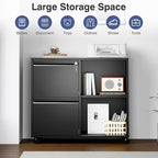 Mobile Lateral File Cabinet with Side Hook, 2 Drawer File Cabinet with Lock fits A4/Letters/Legal Size for Home Office,Metal Rolling Printer Stand with Open Storage Adjustable Shelves(Black)