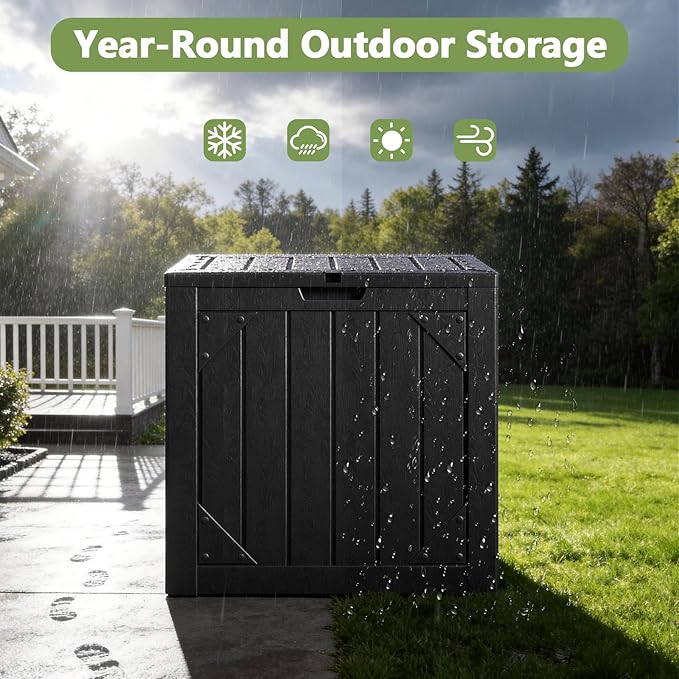 Outdoor Storage Box - 30 Gallon Waterproof Resin Deck Box, Lockable Patio Storage Bench for Package Delivery, Cushions & Garden Tools, UV Resistant (Black)