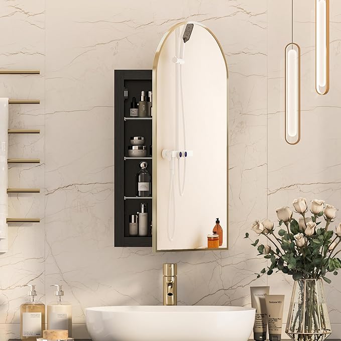 Recessed Medicine Cabinet for Bathroom,Brushed Gold Arched Medicine Cabinet with Mirror,Arch Mirrored Medicine Cabinets Recessed,Bathroom Mirror with Storage,Open from Left to Right 16x31