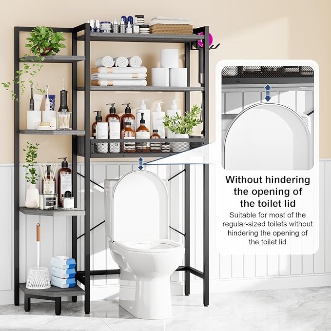 K1 Heavy Duty 7-Tier Over The Toilet Storage（with Basket and Paper Hook） Freestanding Above Toilet Shelf with Adjustable Feet，Space Saver Bathroom Shelves 9.3" D x 33.5" W x 63.8" H，Grey