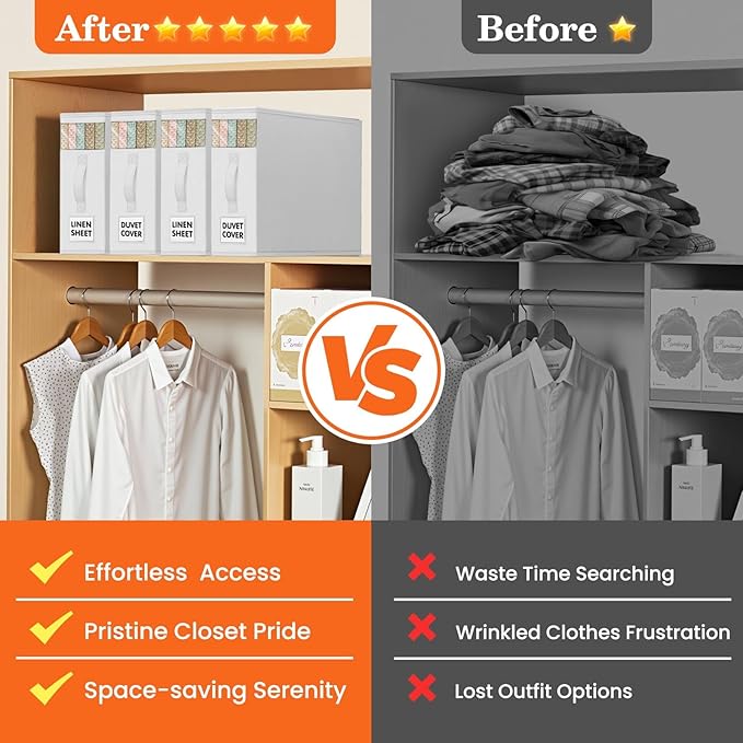 WOWBOX Sheet Organizers and Storage,Closet Bed Sheet Organizer Under Bed Storage and Organization with Label Cards & Clear Window for Bedding Sheets,Duvet Covers,Blankets (6 Pack，White)