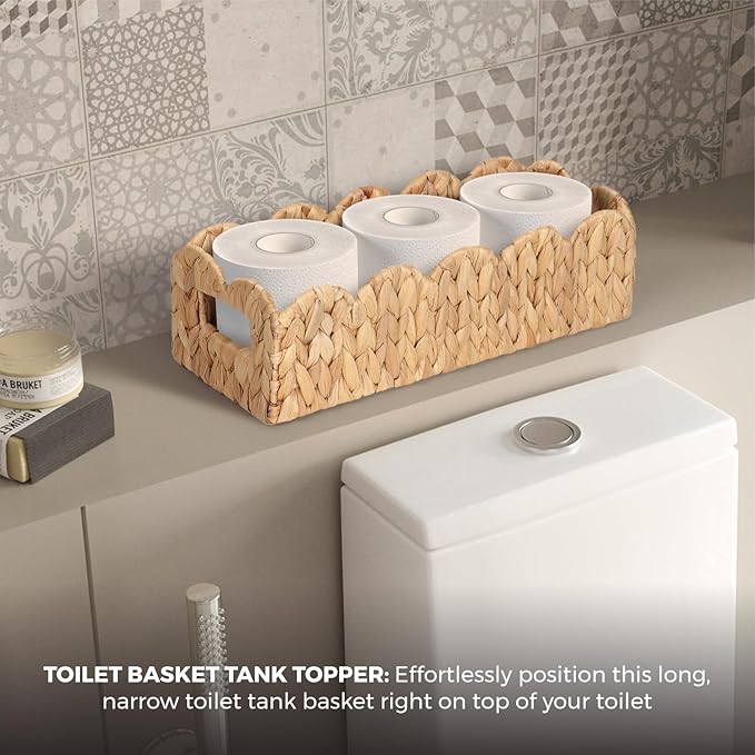 2Pcs Toilet Tank Basket for Bathroom, Handwoven Water Hyacinth Scalloped Countertop Storage Basket, Scalloped Edge Wicker rectangle Basket for Toilet Paper Baskets, Vanity, Entryway or Living Room ...