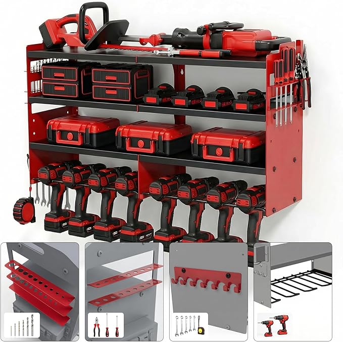 4-Tier Heavy Duty Power Tool Organizer, 600lbs Capacity Reinforced Steel Drill Rack with Side Accessory Mounting Studs, High-Visibility Wall Mount Storage, Red