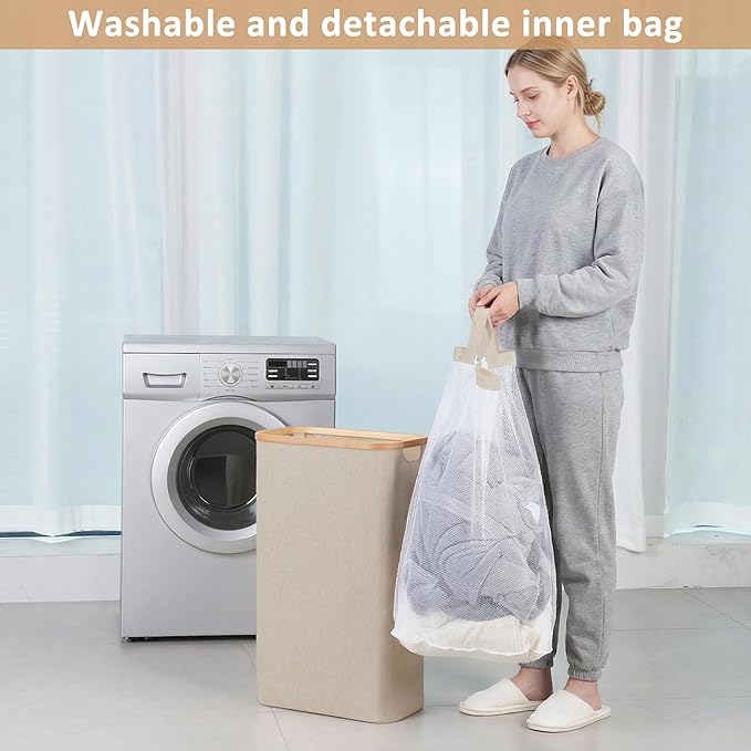 65L Slim Laundry Hamper, Narrow Laundry Basket with Lid,Foldable Clothes Hamper with Bamboo Handles,Hamper Basket with Removable Inner Bag for Laundry Room Bedroom College Dorm,Oatmeal
