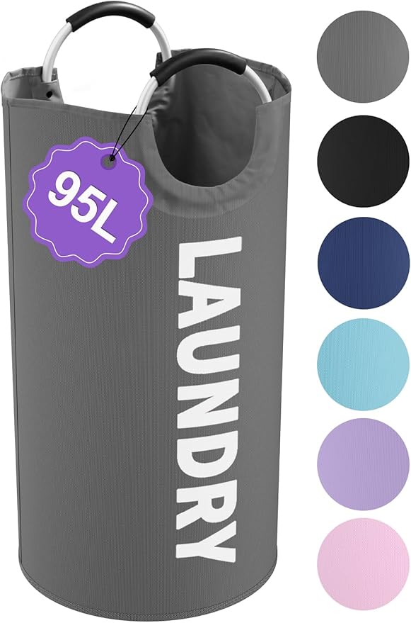 Collapsible Laundry Basket with Handles, 95L Large Laundry Hamper for Bedroom, Dirty Clothes Hamper Stand Up Well, Portable Storage Basket for Famliy, Travel, Dark Grey
