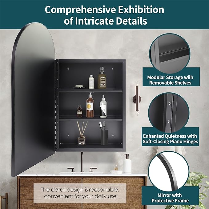 Movo Arched Black Medicine Cabinet with Mirror,16 x30 Inch Metal Framed Bathroom Mirror Medicine Cabinet Wall Mounted,Recessed Medicine Cabinets for Bathroom with 2 Removable Shelves