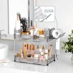 Bathroom Counter Organizer, 2 Tier Makeup Skincare Storage Tray with Hair Dryer Holder and Toothbrush Rack, Perfume Organizer Vanity Shelf for Countertop, Dresser (Transparency)