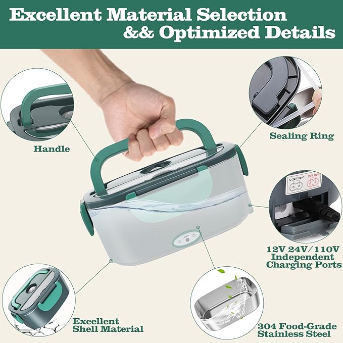 Buddew Electric Heated Lunch Box, 80W Fast Heating, 1.5L Food-Grade 304 Stainless Steel, 12V/24V/110V Portable Food Warmer for Car Truck Office Adults, Lonchera Electrica Portatil (Green)