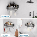 Onemake Corner Shower Caddy Suction Cup, Aluminum Wall Mounted Organizer Shelves Storage Rack with Towel Bar for Small Bathroom Grey