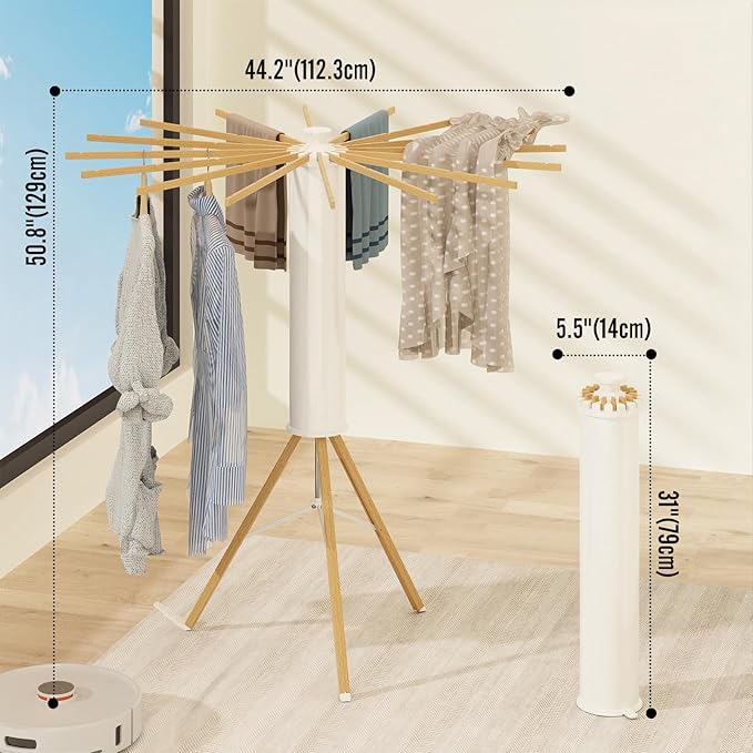 Dr.DJ Tripod Drying Rack, Foldable Octopus Standing Drying Rack Clothing with 16 Wood Drying Arms, Round Collapsible & Portable Handle for Laundry Room, Balcony, Bedroom, RV