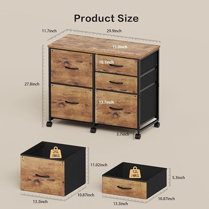 Lateral File Cabinet with 5 Drawers Rolling Filing Cabinets Under Desk Storage Printer Stand with Wheels,Mobile File Cabinet for Home Office,Rustic Brown