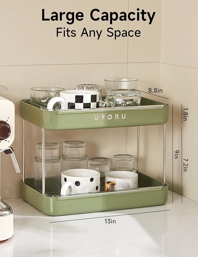 Countertop Coffee Station Organizer | 2-Tier Whisky Glass Tray, Mug Drying Shelf with Removable Drain Tray - Easy to Install, Clean - Spice Rack for Kitchen, Bathroom Counter Organzier