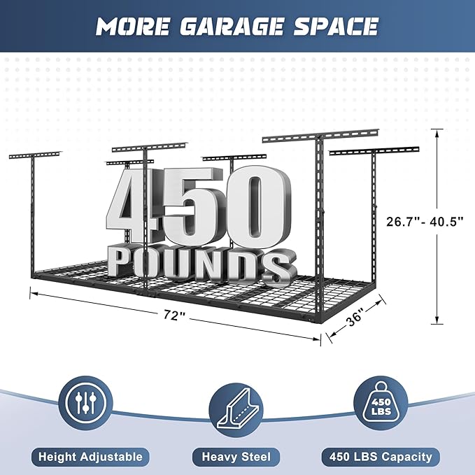 3X6FT Overhead Garage Storage Rack, 26"-40" Height Adjustable Garage Ceiling Storage Racks, Heavy Duty Metal Overhead Storage Organizer System, 450LBS Weight Capacity