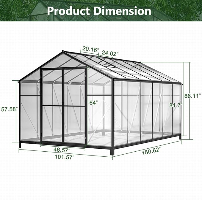 Polycarbonate Greenhouse for Outdoors, Large Walk-in Aluminum Frame Greenhouse with Lockable Door, Adjustable Roof Vent, UV Protection, Weather-Resistant for Garden Backyard (Black,8x12 FT)