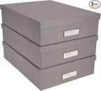 Bigso Box of Sweden Oskar Fiberboard Label Frame Document Letter Box | File Organizer for Important Paperwork with a Lid & Label Window | 3.3"x10.2"x13.8" | 3 Pack | Grey