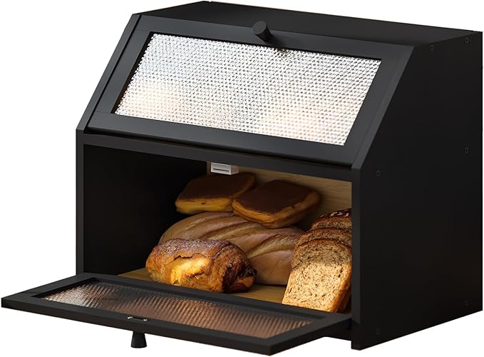 Bread Box for Kitchen Countertop Bin Double Layer Bread Box Storage Container Extra Large Capacity Farmhouse with Diamond Pattern Windows (Black, Large)