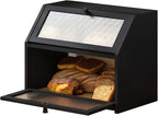 Bread Box for Kitchen Countertop Bin Double Layer Bread Box Storage Container Extra Large Capacity Farmhouse with Diamond Pattern Windows (Black, Large)