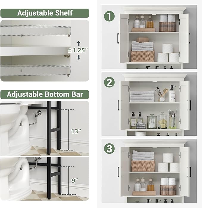 Over The Toilet Storage Cabinet, Over The Toilet Cabinet with Doors, Over Toilet Bathroom Organizer Above Toilet Storage Cabinet with Inner Adjustable Shelf and Anti-Tip Device, Cream White