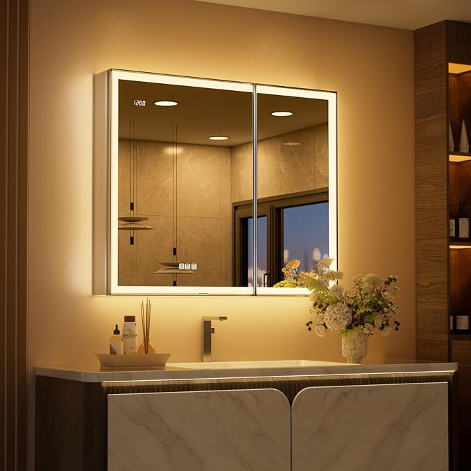 36x30 Lighted Medicine Cabinet with Mirror, Beveled Brushed Nickel Framed Surface or Recessed Fogless Dimmable LED Medicine Cabinet with Lights, Outlet, Time Display and Sensor Inner Light