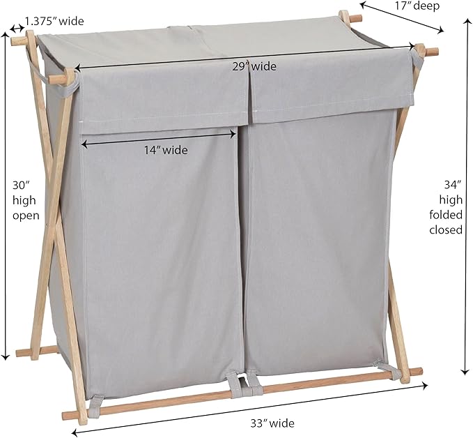 Household Essentials X-Frame Wood Laundry Sorter, Collapsible Wood Frame with Washable Gray Poly-Cotton Bags, Naturally Stylish Large