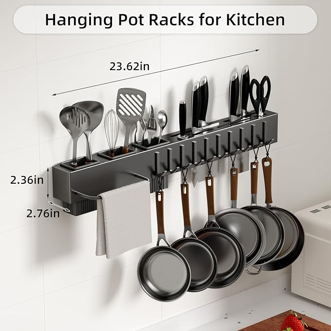 Stainless Steel Pot and Pan Hanger,Wall Mounted Pot Rack Kitchen Hanging Rail With S Hooks,Detachable Pans Hanging Rail Kitchen Utensils Hanger,23.7 Inch Wall Mounted Hanging Pot Rack