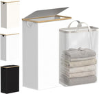 efluky Slim Laundry Basket with Lid, Narrow Laundry Hamper with Removable Bag, Skinny Dirty Clothes Basket with Bamboo Handles for Bathroom, Bedroom & Laundry Room, 75L White