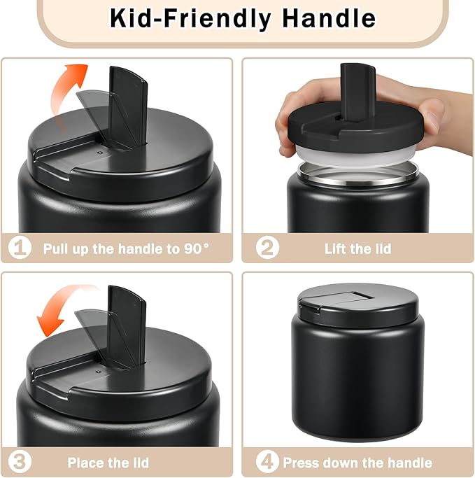 26oz Kids Jar for Hot Food, Insulated Vacuum Food Jar with Buckle Lid, Stainless Steel Wide Mouth Leak Proof Insulated Lunch Container for School Picnic Travel, Black