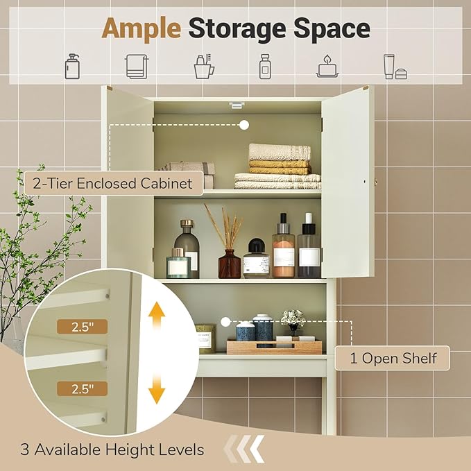 Giantex Over The Toilet Storage Cabinet, Bathroom Organizer w/Fluted Doors, Adjustable Shelf&Bottom Bar, Open Storage Cube, Space-Saving Above Toilet Storage Cabinet for Laundry (Cream White)