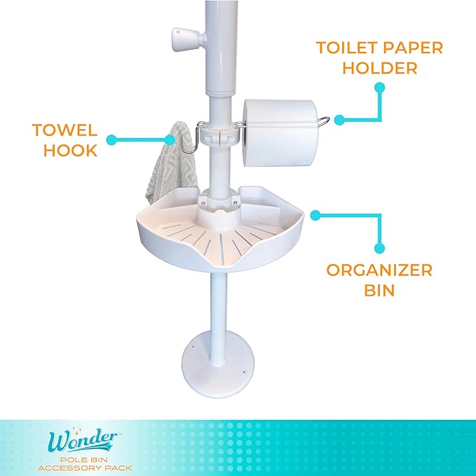Stander Wonder Pole Bin Accessory Pack, Storage Bin Accessory with Toilet Paper Holder, Towel Hook for Wonder Pole and Wonder Bathtub Pole, Bathroom Organizer Storage Shower Caddy, White