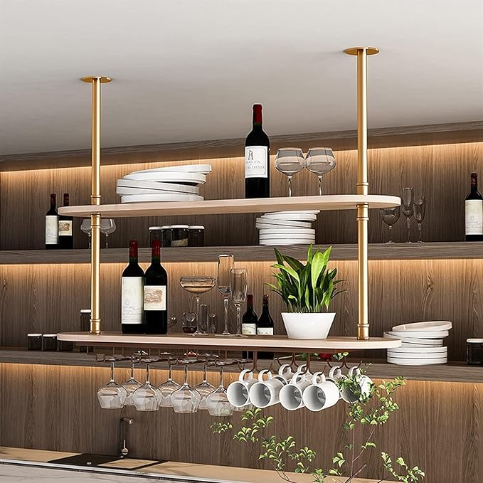 Ceiling Hanging Plant Stand Metal Wine Rack - LOFT Retro Iron Solid Wood , Wooden Hanging Wine Glass Holder, Ceiling Mounted Storage Rack, Industrial Ceiling Mount Shelves 2 Layer ( Color : Gold , Siz