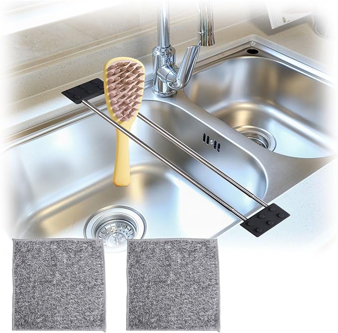 Dishcloth Drying Rack Sink with 2 Rags, Dish Towel Rack Stretchable Wash Dish Cloth Holder for Kitchen Stainless Dish Rag Holder for Sink Accessories for Drying
