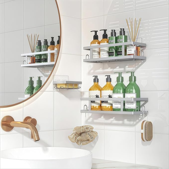 Adhesive Shower Caddy, 3 Pack Shower Shelves with Soap Holder and 12 Hooks, Rustproof No Drilling Bathroom Organizer and Storage, Silver