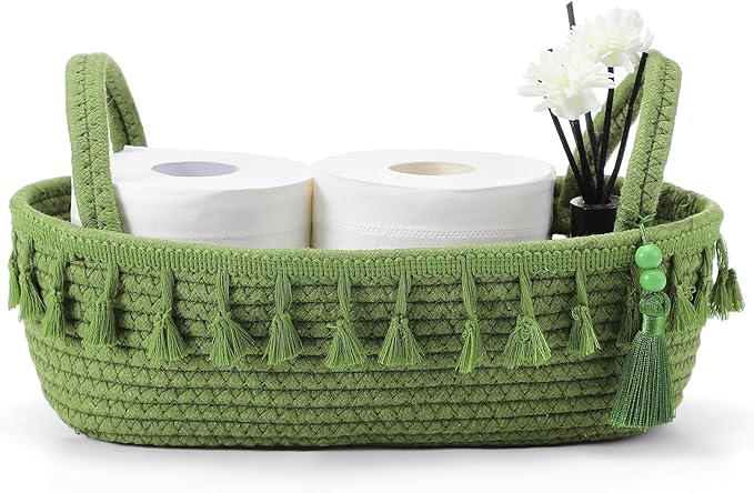 Green Toilet Paper Basket Decorative Boho Cotton Rope Storage Basket Gift Empty Woven Bins with Handle Tassel for Toilet Tank Bathroom Accessories Organizer Decor Countertop Shelf Holder