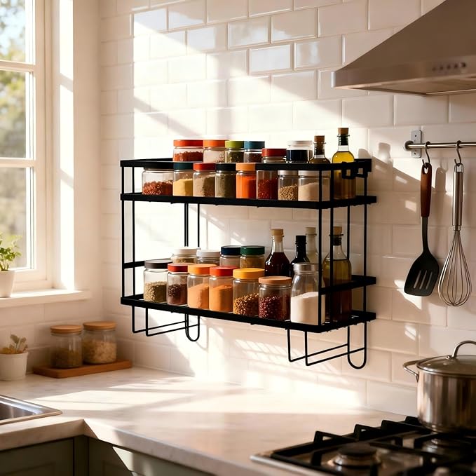 Bathroom Organizer Shelf - Over The Toilet Storage Rack, 2-Tier Floating Shelves with Hooks, No-Drill, Toilet Paper Holder for Restroom Bathroom Vanity Kitchen (Black, 2 Tier)