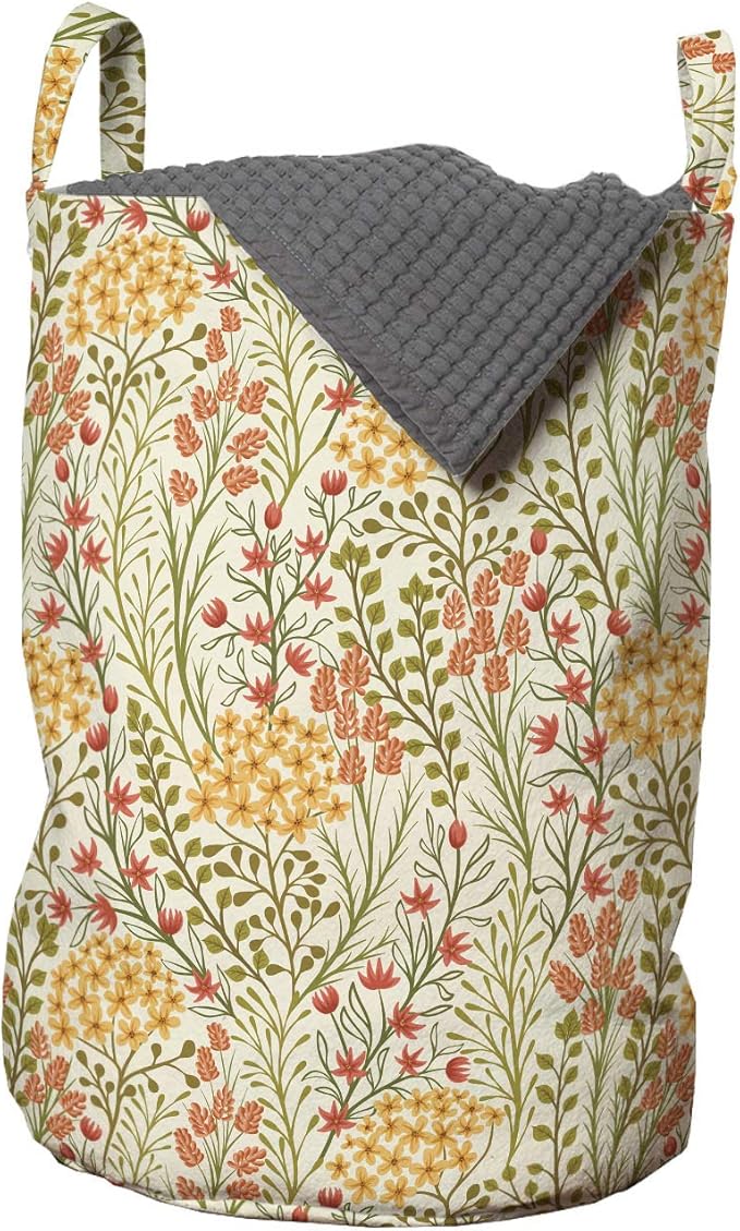 Ambesonne Flower Laundry Bag, Leaves Flowers Old Vintage Ivy Design with Plants Nature Theme Retro Art Print, Hamper Basket with Handles Drawstring Closure for Laundromats, 13" x 19", Green Multicolor