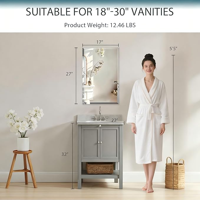 Plastic Medicine Cabinet with Mirror 17x27 inch, Recessed Medicine Cabinet or Surface Wall Mount Bathroom Cabinets with Adjustable Shelves, Beveled Edge Mirror Cabinet