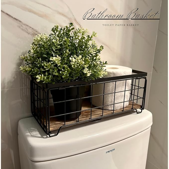 Metal Wire Storage Basket Bin for Toilet Paper, Coffee Pod cups, Towel, Shampoo, Toilet Tank Tray Decor Box, Kitchen basket for Countertop Cabinet, Bathroom Organizer- Black