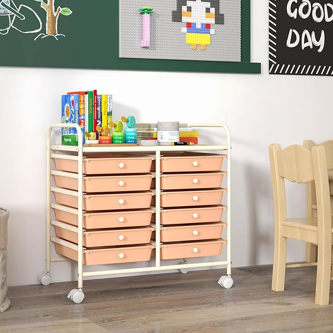 GOFLAME 12-Drawer Rolling Storage Cart, Multifunctional Art Craft Organizer Cart, Mobile Utility Storage Cart with Removable Drawers & Lockable Wheels, Craft Cart for Home Office School, Peach Fuzz