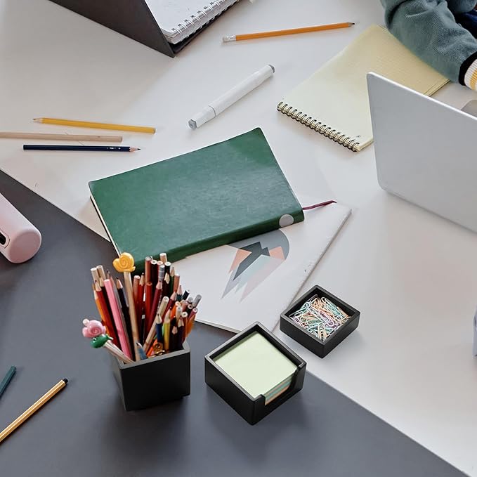 Black Desk Organizer Set of 3 - Wood Office Desk Accessories - Desk Organizers and Accessories for Women Men - Set incl. Pencil Pen Holder, Paperclip Storage and Sticky Note Holder