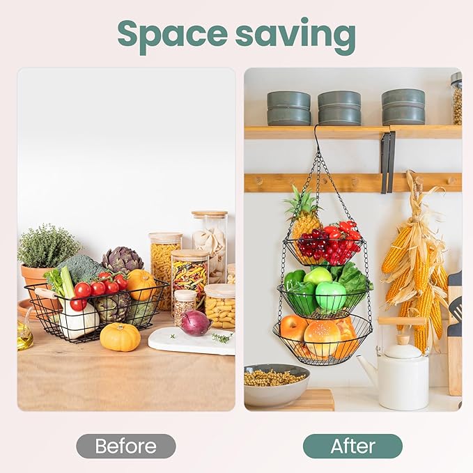 Maxdot 4 Pack 3-tier Hanging Fruit Basket Kitchen Hanging Wall Fruit Storage Organization Basket with Sturdy Metal Chain for Kitchen Bathroom Wardrobe Garden