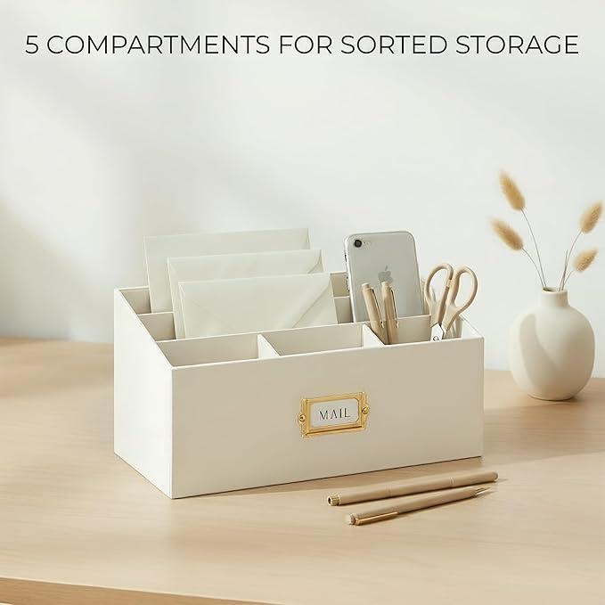 KIBAGA Stylish Linen Mail Organizer for Your Countertop – Easily Organizes Pens, Mail & More in Spacious Compartments on Any Desktop – The Perfect Desk Sorter for Paper & Office Essentials