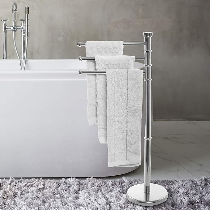 MyGift 38 Inch Silver Metal Freestanding Towel Rack for Bathroom, Bath Towel Stand with 3 Swivel Arms and Sturdy Round Base, Standing Towel Rack, Hand Towel Holder