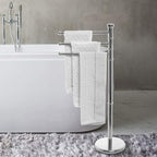 MyGift 38 Inch Silver Metal Freestanding Towel Rack for Bathroom, Bath Towel Stand with 3 Swivel Arms and Sturdy Round Base, Standing Towel Rack, Hand Towel Holder