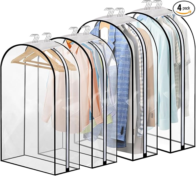 4 Pack Full Clear Garment Bags with Side Zipper, 40&50" Clothes Covers with 10" Gusset, Transparent Hanging Suit & Coat Covers for Closet Storage, Jackets, Dresses, Windbreakers