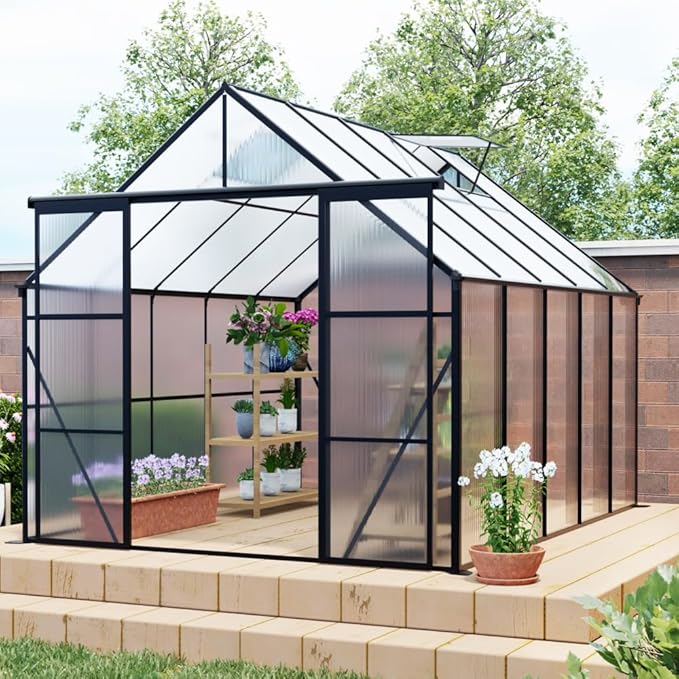 Heavy-Duty Walk-in Polycarbonate Greenhouse with Dual Sliding Doors, Adjustable Roof Ventilation, and Galvanized Steel Base for Year-Round Outdoor Gardening (Black 8*10FT)