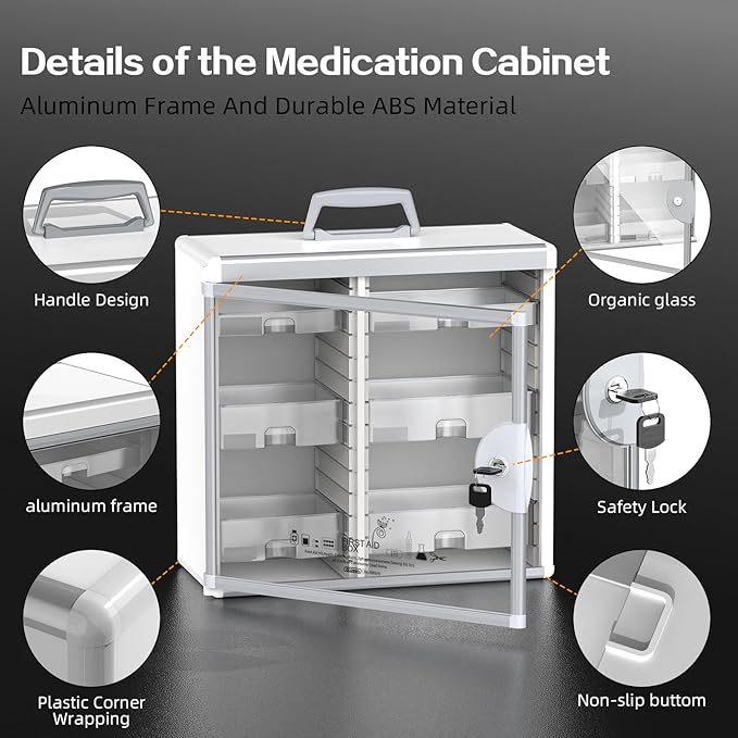 Glosen Medicine Cabinet with Key Wall Mounted Medication Lock Box 【 Silver 15x 6.7 x 13 Inch】 Portable Storage Container Big Capacity